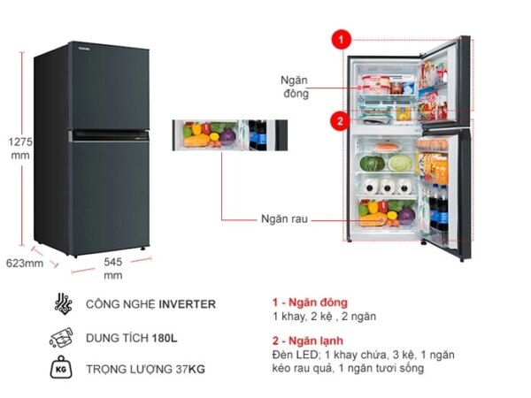 Tủ lạnh Toshiba Inverter 180 lít GR-RT234WE-PMV(52) - Hình ảnh 3